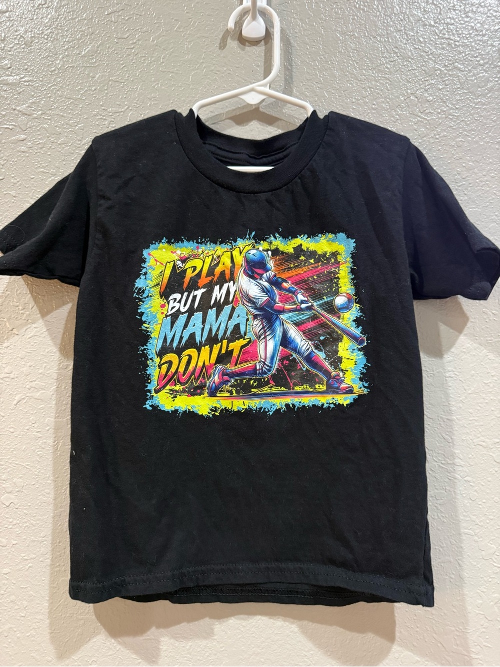 Gildan Black Tee with Neon Baseball Player Graphic